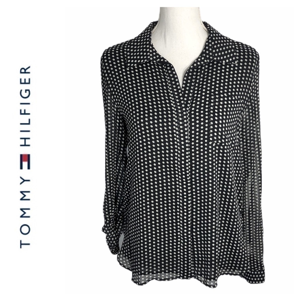 Tommy Hilfiger Black White Polka Dot Top NWT Button Down Shirt Blouse Small